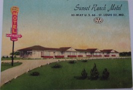 Vintage Sunset Ranch Motel Hiway U.S 66 St Louis 22 MO Business Card 1958 - $3.99