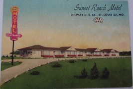 Vintage Sunset Ranch Motel Hiway U.S 66 St Louis 22 MO Business Card 1958 - $5.46 CAD