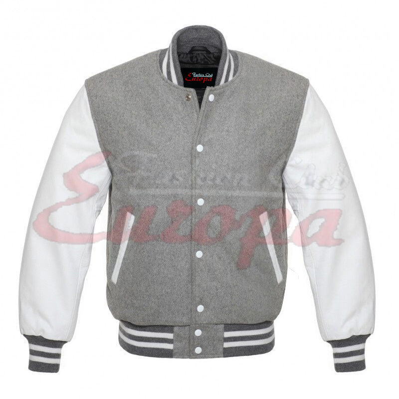  Grey Varsity Letterman Wool Jacket with white Leather Sleeves - $70.54
