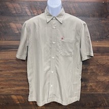 Quiksilver Button Down Shirt Mens SP Beige Pocket Short Sleeve Logo Striped - $9.50