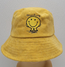 Maoli Maowai Smiling Smiley Face Yellow Corduroy Bucket Hat Retro - £18.34 GBP