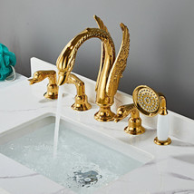 Gold Color 5 Holes widespread Swan bathtub shower Faucet Deck Mounted New - £333.97 GBP
