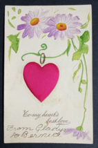 My Hearts Best Love Valentine Cloth Satin Heart Postcard c1910s Embossed Flowers - $9.99