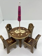 Dollhouse Furniture Wooden Table &amp; Chairs Carved “I Love You” with Umbrella - £14.78 GBP