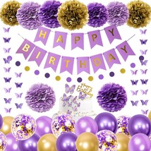 Purple Birthday Decorations For Women Girls Butterfly Hanging Garland Happy Birt - £20.44 GBP