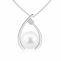 Freshwater Cultured Pearl Wishbone Pendant with Diamond in 14K White Gold - £358.35 GBP