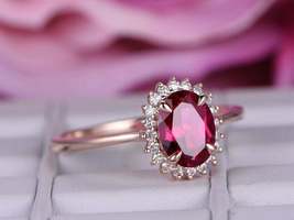 3Ct Oval Cut Red Ruby &amp; Diamond Halo Engagement Ring in 14K Rose Gold Finish - £58.60 GBP