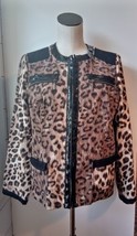 CHICOS SZ 1 (8/10)    Brown Animal Print Faux Leather Jacket Hook &amp; Eye Closure - £11.11 GBP