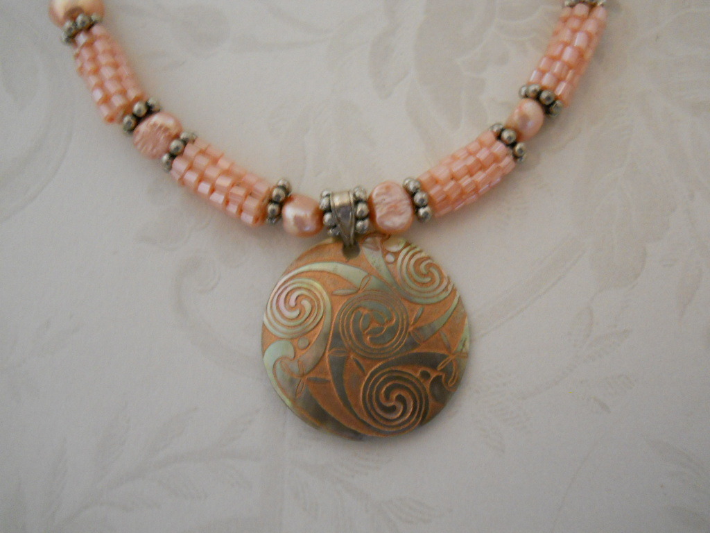 Primary image for Peachy Beaded Bead & Pearl Necklace With Carved Shell Pendant, Sterling Silver