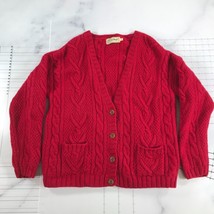 Vintage LL Bean Cardigan Sweater Womens Medium Red Wool Fisherman Aran Buttons - £59.50 GBP