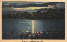 Beaverton Michigan~Moonlight View On The WATER~1942 Postcard - £7.09 GBP