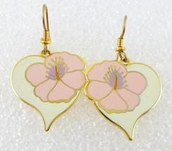 Laurel Burch &quot;Hibiscus Heart&quot; White Pink Enamel Gold-Tone Drop Dangle Earrings - £19.77 GBP