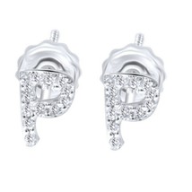 14K White Gold Plated 0.10Ct Round Cut Moissanite Initial P Stud Earrings Gift - £56.09 GBP