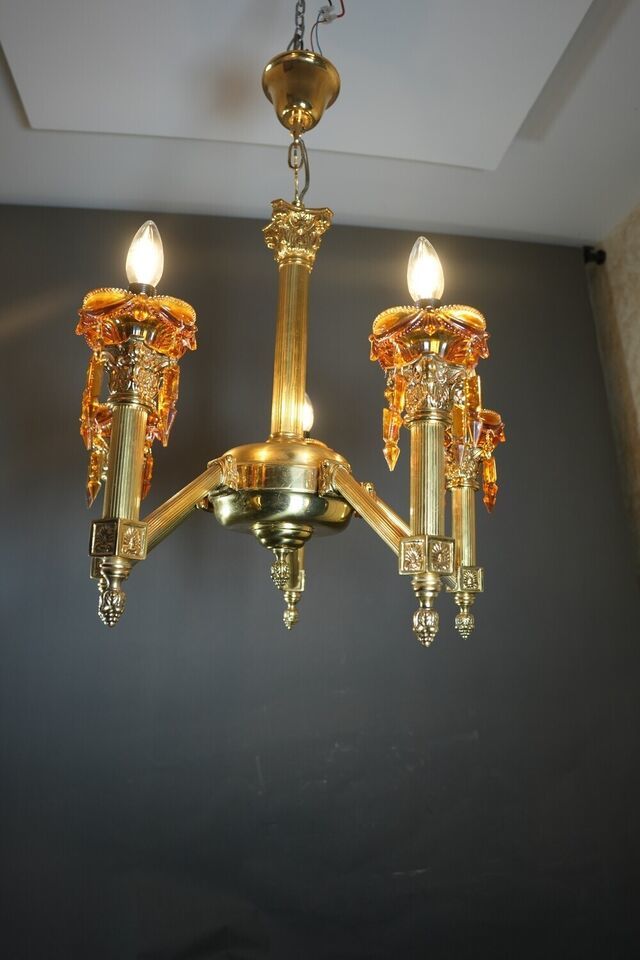 Antique Hand-Crafted Oriental Italian 6 Lights Brass Chandelier Ceiling ... - $346.50