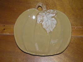 Estate Tan Fall Thanksgiving Ceramic Pumpkin with Carved Leaf Candy Decorative  - £7.56 GBP