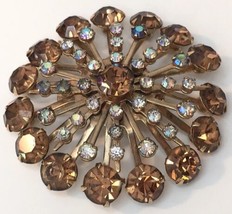 Vintage Pale Orange &amp; Aurora Borealis Rhinestone Star Burst Layered Brooch Pin - £23.75 GBP