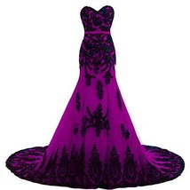 Vintage Long Gothic Black Lace Mermaid Prom Dress Wedding Evening Gown Purple 14 - £131.10 GBP