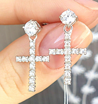 1 CT Moissanite Cross Dangle Drop Stud Earrings in 14K White Gold Silver Plated - £87.88 GBP