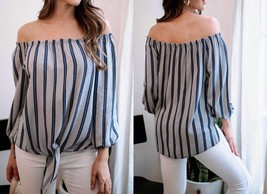 Veronica M stripe 3/4 sleeve off shoulder top in Grey/Navy - size XS - £45.72 GBP