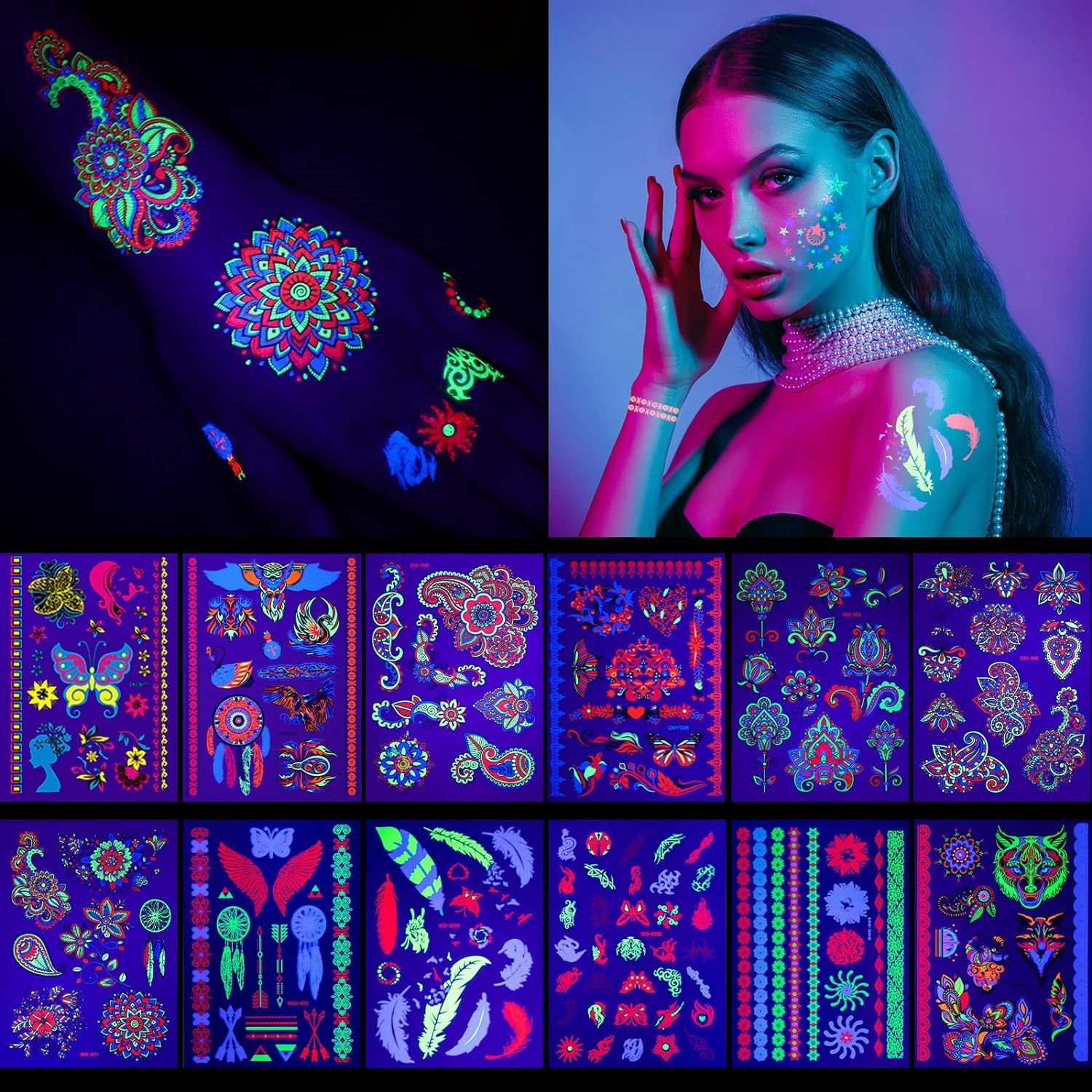 12 Sheets Large Glow in the Dark Tattoo 150 Neon Temporary Makeup Rave Festival  - $24.80