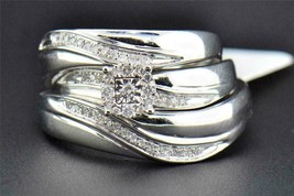 14K Oro Blanco Chapado Imitación Boda Trío para Él Y Su Set de Anillo Co... - $141.12