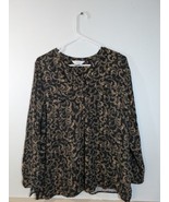 CJ Banks Top Womens 1x Black Tan Floral Print Henley V Neck Long Sleeve ... - $11.88