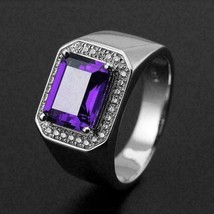 14K White Gold Plated 2.50Ct Emerald Cut Simulated Amethyst Men&#39;s Wedding Ring - £155.54 GBP