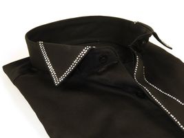 Men CEREMONIA Tuxedo Shirt Rhinestone 100% Cotton Turkey #stn 15 Black Wing tip image 3