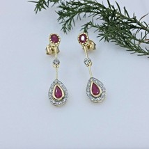 Women&#39;s Drop Earrings in 14k Yellow Gold with Natural Rubies and Cubic Zirconia - £568.77 GBP