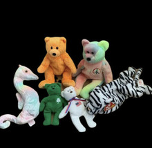 Beanie Babies And Mini Babies Plush Lot Of 6 Seahorse Cat Peace Neon Birthday - £10.24 GBP