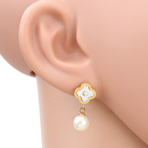 Gold Tone Earrings With Faux Mother of Pearl Clover &amp; Drop Pearl - £21.34 GBP