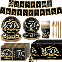 50Th Anniversary Decorations Tableware Set, 142Pcs Black Gold 50Th Anniversary P - £28.49 GBP