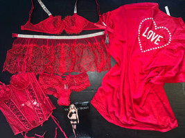 Victoria&#39;s Secret 34B,34C Bra Set+Garter Corset+Skirt+Robe Red Lace Shine Strap - £173.69 GBP
