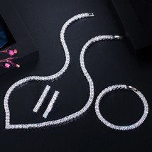 Classic Princess Cut Cubic Zircon Women Wedding Necklace Earring Bracelet 3 pcs  - £36.51 GBP