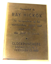 1951 RAY HICKOK CLOCK PUNCHERS SPORTS BRONZE PLAQUE SIGN ROCHESTER NY - $24.74