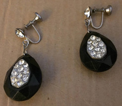 Vintage 1940s Embedded Austrian Rhinestones Faceted Black Celluloid Earrings - £67.88 GBP