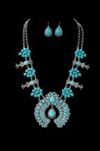 Navajo Style Silver Faux Turquoise Naja Squash Blossom Earrings Necklace Set - £35.91 GBP