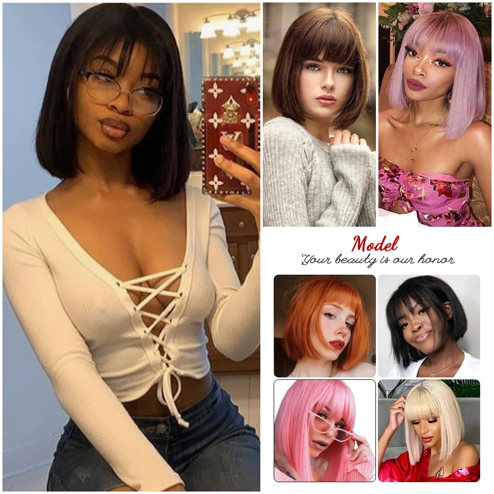 Sporting Short Bob Wig With Bangs Synthetic Wigs For Women Ombre Black Red Blond - £28.30 GBP