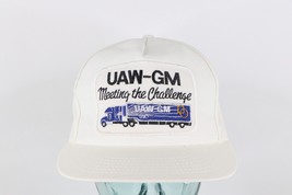 Vtg 80s UAW GM General Motors Spell Out Patch Leather Strapback Hat White USA - £27.05 GBP