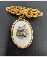 Dangling Gray Cat Portrait Brooch Pin Pinback Cats Gold Toned Costume Je... - $13.17