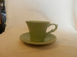 Light Green Ceramic Coffee Cup and Embossed Saucer - $40.00