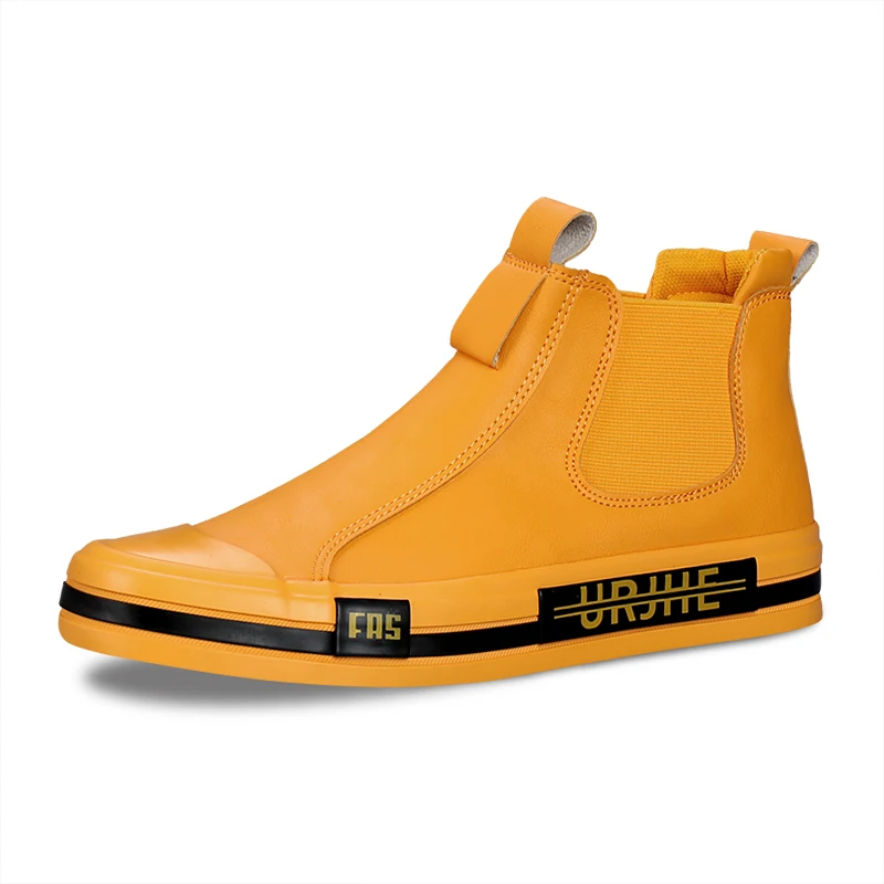 Autumn Leather Casual Sneakers Men Fashion Yellow Mens High Top Shoes Leather Mo - £46.03 GBP