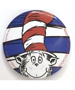 Dr. Seuss Button Pin Cat in the Hat 1.75&quot; Blue  &amp; White Striped Background - £7.14 GBP