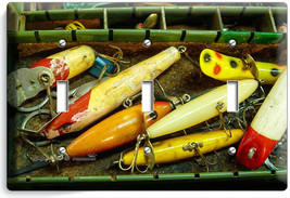 Vintage Fisherman Fishing Tackle Lure Gear Box 3 Gang Light Switch Plates Decor - £14.11 GBP