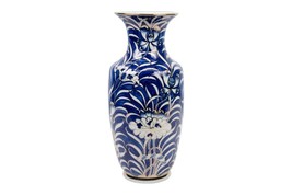 Hand Painted Thai Lotus Motif Blue and White Gold Outline Porcelain Vase 14&quot; - £157.90 GBP