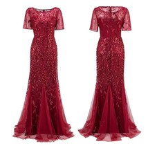 Embroidered beaded Fabric Prom Dresses Sugar Color O-Neck Short Sleeve Elegant L - £100.98 GBP