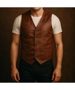 Men's Brown Leather Vest: Formal Western Waistcoat - $109.95