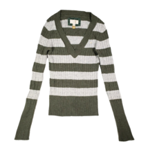 American Eagle Sweater Y2K M Vtg Green Gray Striped Cable Knit Ribbed Cuffs Hem - £39.43 GBP