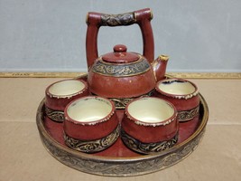 Pier 1 Shanghai Tea Pot Set With 4 Cups And Tray Rustic Red Asian Earthenware - $29.95