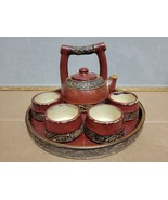 Pier 1 Shanghai Tea Pot Set With 4 Cups And Tray Rustic Red Asian Earthenware - $29.95